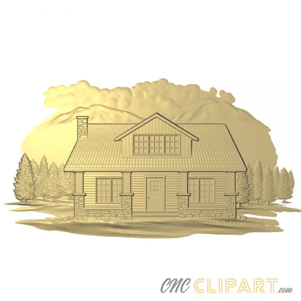 A 3D Relief Model of a rustic country cottage set in a landscape scene of mountains and clouds