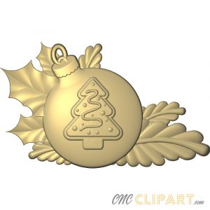 A 3D Relief Model of a Christmas Bauble with a Cookie design set against some Holly