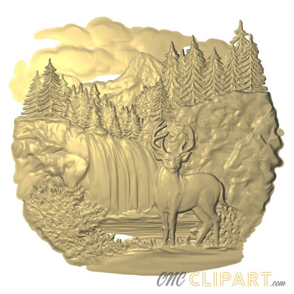 A 3D Relief Model of a deer in front of a waterfall