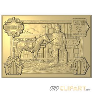 A framed 3D Relief Model of a Sheriff Collage with Wild West elements